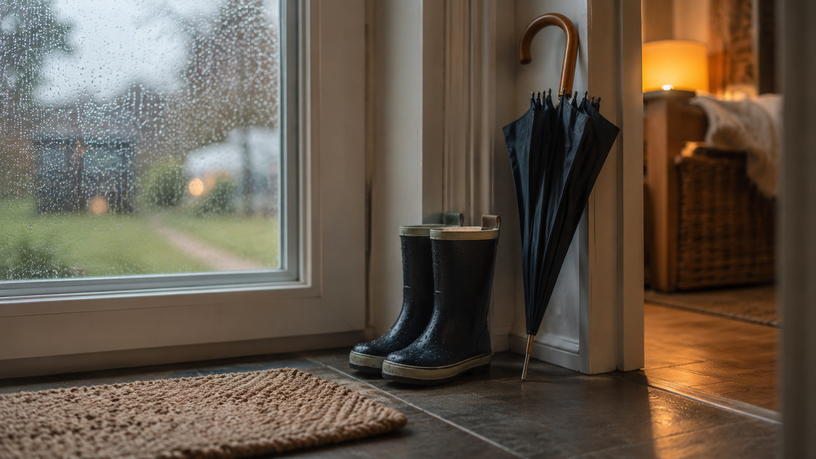 Regentag – Gummistiefel und Schirm am Fenster